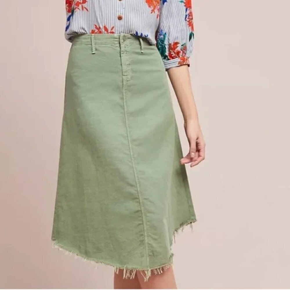 Mother Skirt The Misfit Midi Frayed Asymmetrical Hem Fatigue Sage Green Size 28